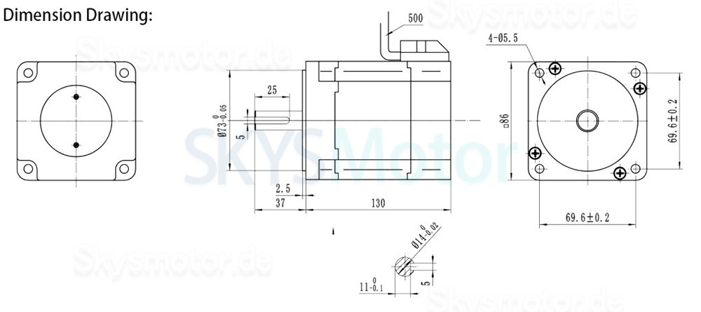 850W 24V Bürstenlose DC Motor OK86BLS130-430 270Ncm 3500U/min 3 Phasen 86X86mm Passfedernut