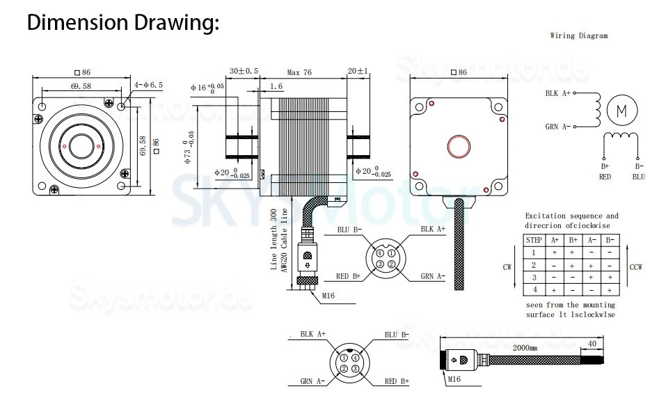 Nema 34 Hohlwellen Schrittmotor OK86DL76-Q30H20-C1 1,8° 4,5Nm 6,0A 2,1V Doppelwelle 4 Drähte