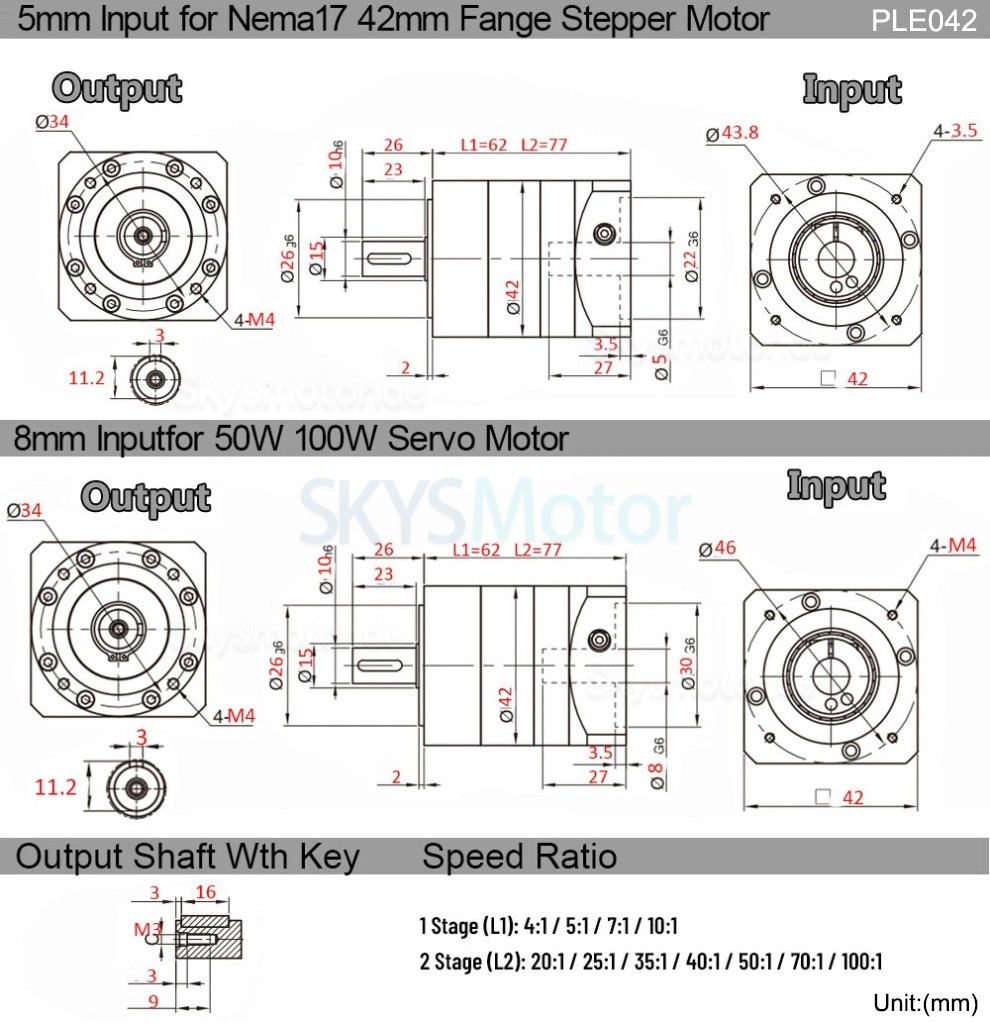 PLE042-Serie NEMA 17 Planetengetriebe, untersetzung 4:1 - 100:1 f&uuml;r NEMA17 Schrittmotor / 40-mm-Servomotor 50W 100W