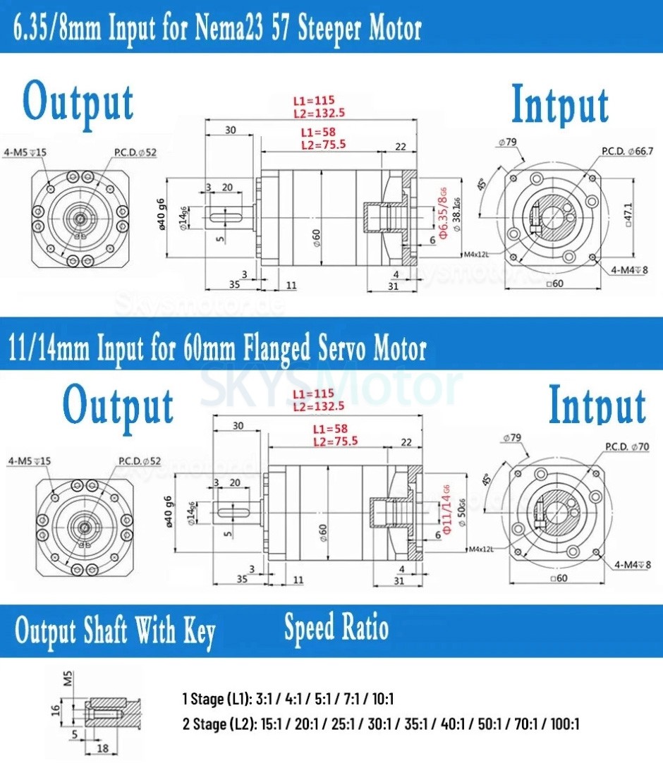PLE060-Serie Nema 23 Planetengetriebe, untersetzung 3:1 - 100:1 f&uuml;r NEMA23 Schrittmotor / 200W 400W 60mm AC-Servomotor