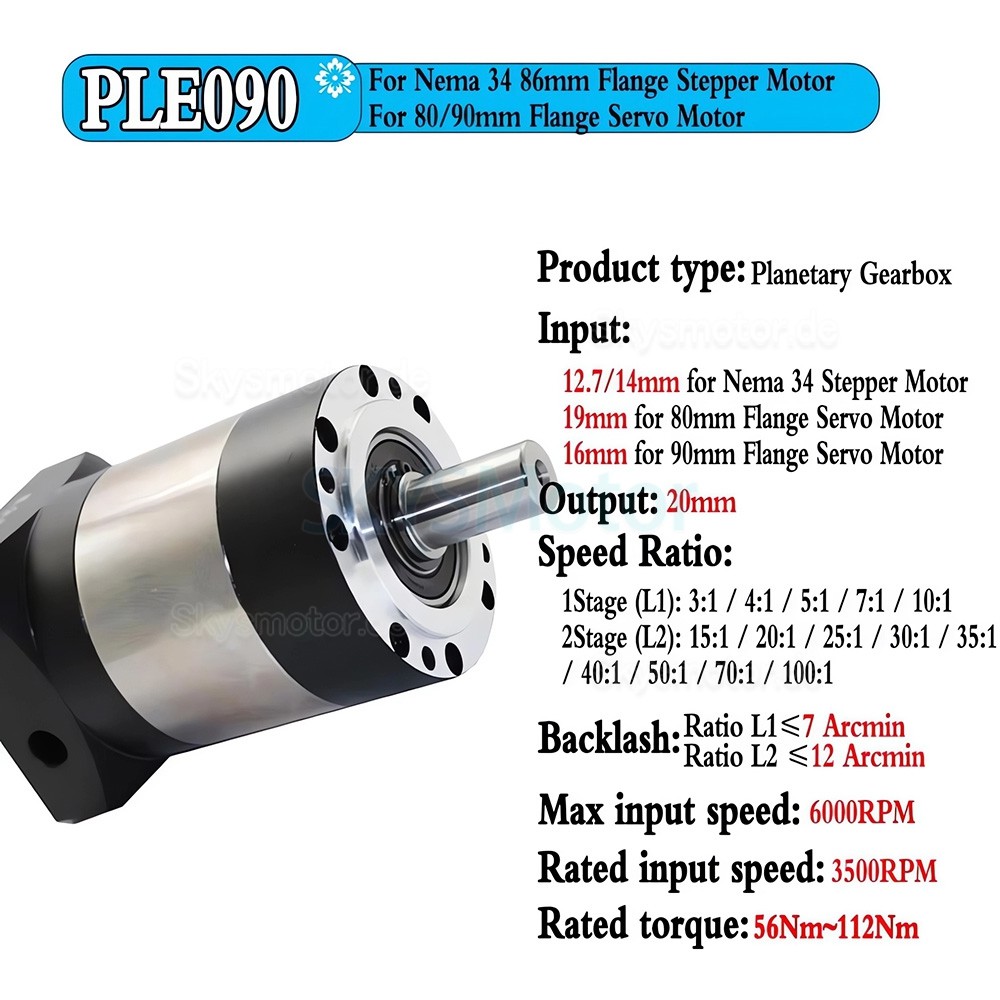 PLE090 Serie Nema 34 Planetengetriebe, Übersetzung 3:1 - 100:1 für NEAM34 Schrittmotor, 80 mm / 90 mm Servomotor PLE090 Serie Nema 34 Planetengetriebe, Übersetzung 3:1 - 100:1 für NEAM34 Schrittmotor, 80 mm / 90 mm Servomotor