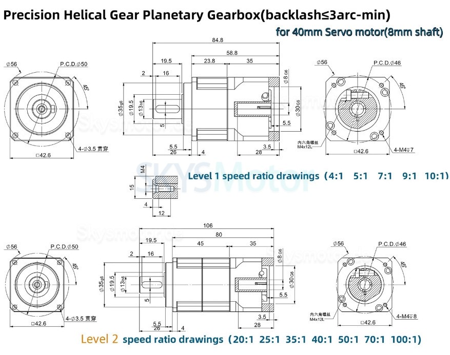 PLG042 schr&auml;gverzahntes planetengetriebe untersetzung 4:1 - 100:1, f&uuml;r NEMA 17 Schrittmotoren / 40-mm-Servomotoren