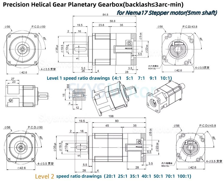 PLG042 schr&auml;gverzahntes planetengetriebe untersetzung 4:1 - 100:1, f&uuml;r NEMA 17 Schrittmotoren / 40-mm-Servomotoren