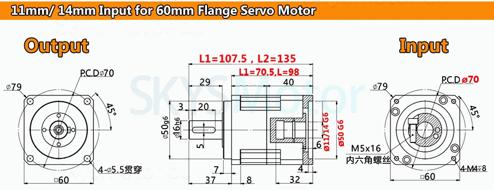 PLG060 Serie Schrägverzahntes Planetengetriebe, Eingangswelle 6,35/8/11/14 mm für Nema23 Schrittmotor/Nema 24 Schrittmotor