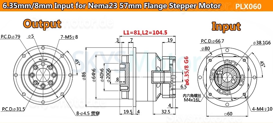 PLX060 Serie Schrägverzahntes Planetengetriebe, Flanschplattenausgabe für Nema 23 Schrittmotor / Nema 24 Servomotor