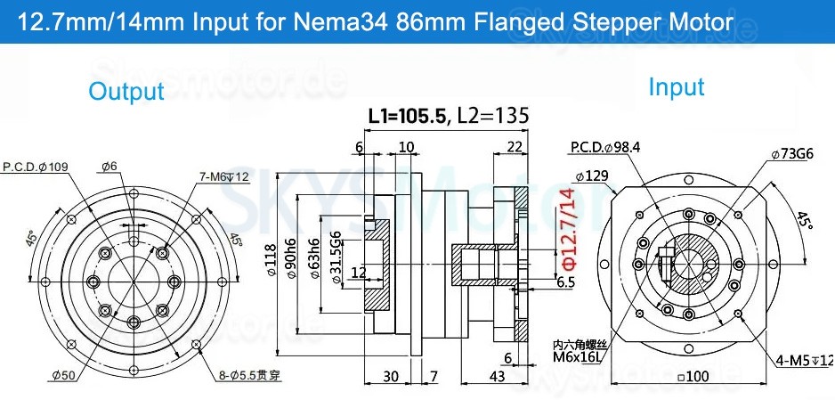 PLX090 Serie Schrägverzahntes Planetengetriebe, Flanschplattenausgabe für Nema NEMA34 Schrittmotor / 90mm Servomotor