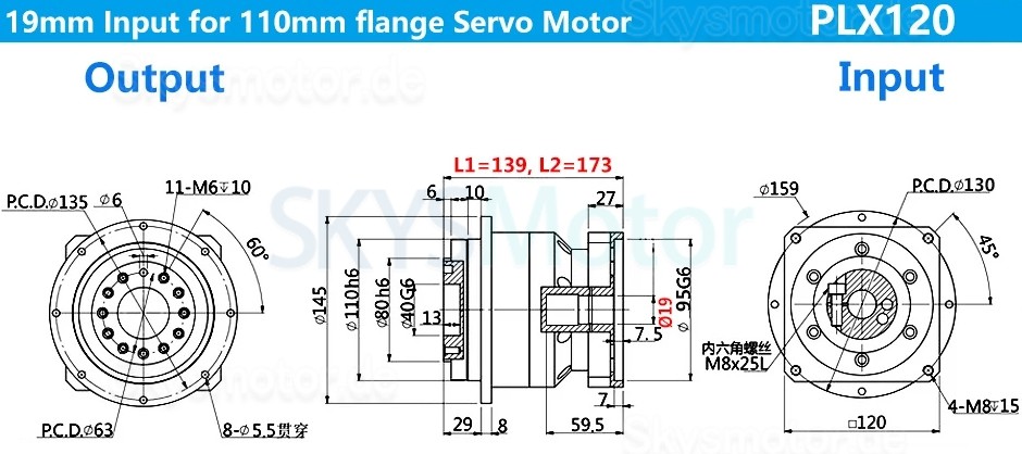 PLX120 Serie Schrägverzahntes Planetengetriebe, Flanschplattenausgabe für Nema 42 Schrittmotor und 110 mm/130 mm Servomotor