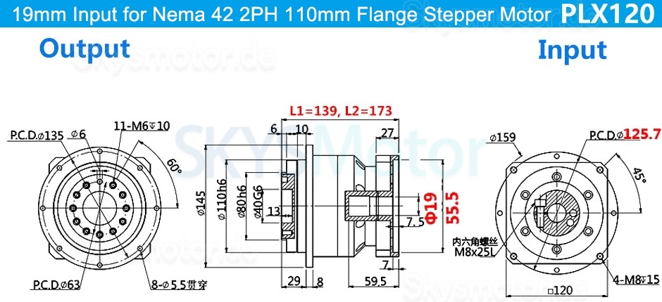PLX120 Serie Schrägverzahntes Planetengetriebe, Flanschplattenausgabe für Nema 42 Schrittmotor und 110 mm/130 mm Servomotor