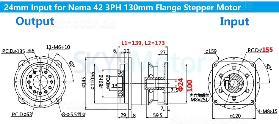 PLX120 Serie Schrägverzahntes Planetengetriebe, Flanschplattenausgabe für Nema 42 Schrittmotor und 110 mm/130 mm Servomotor