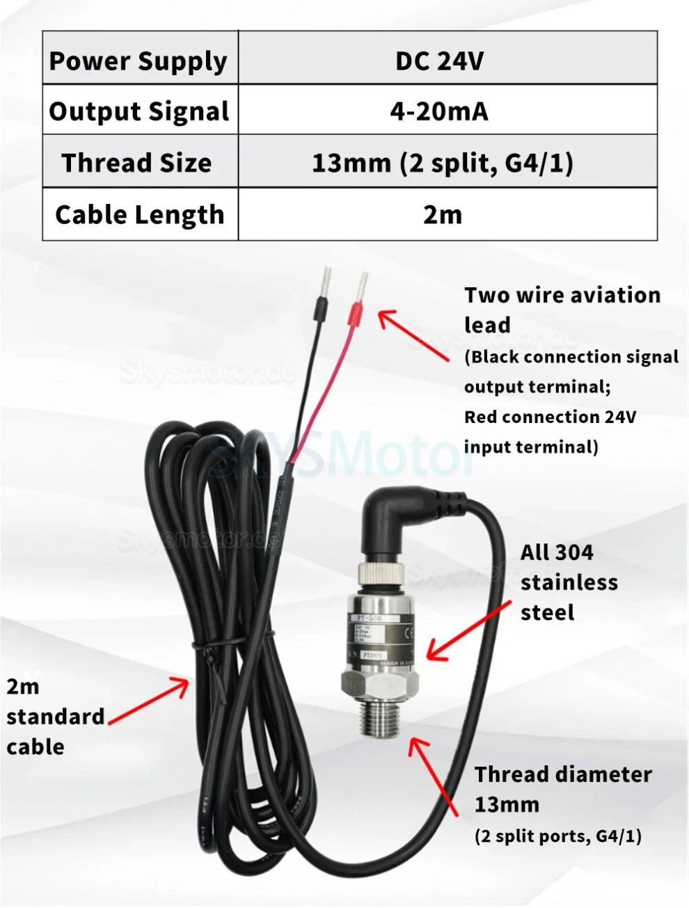 PT506 24V IP68 G1/4 Drucksensor, Drucktransmitter-Anschluss f&uuml;r Wasser, Gas und Hydraulik