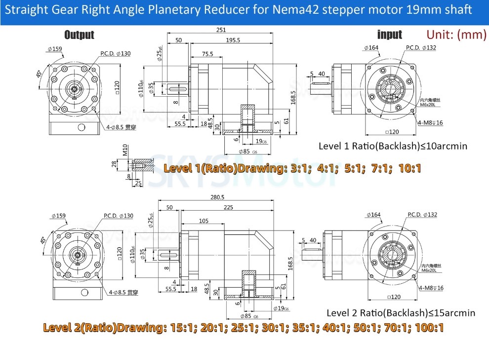 PVF120 Serie Nema42 Winkel-Planetengetriebe, Übersetzung 3:1 - 100:1 für Nema 42 Schrittmotoren / 100-130 mm Servomotoren PVF120 Serie Nema42 Winkel-Planetengetriebe, Übersetzung 3:1 - 100:1 für Nema 42 Schrittmotoren / 100-130 mm Servomotoren