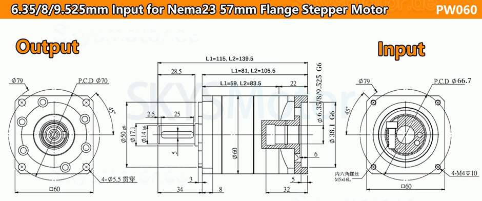 PW060 Serie Schrägverzahntes Planetengetriebe, Eingangswelle 6,35/8/9,525/11/14 mm für Nema23 Schrittmotor/Nema 24 Schrittmotor