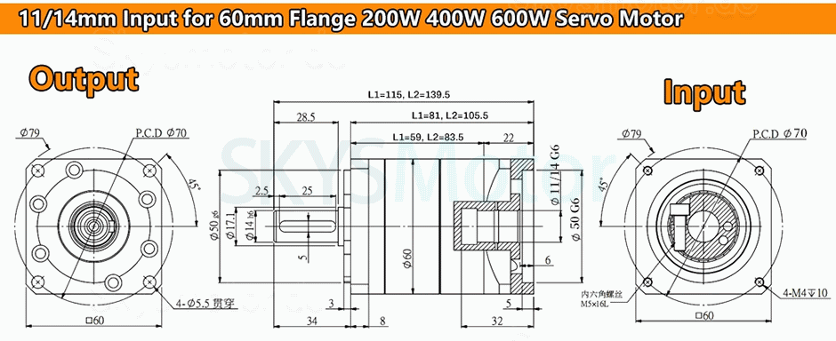 PW060 Serie Schrägverzahntes Planetengetriebe, Eingangswelle 6,35/8/9,525/11/14 mm für Nema23 Schrittmotor/Nema 24 Schrittmotor