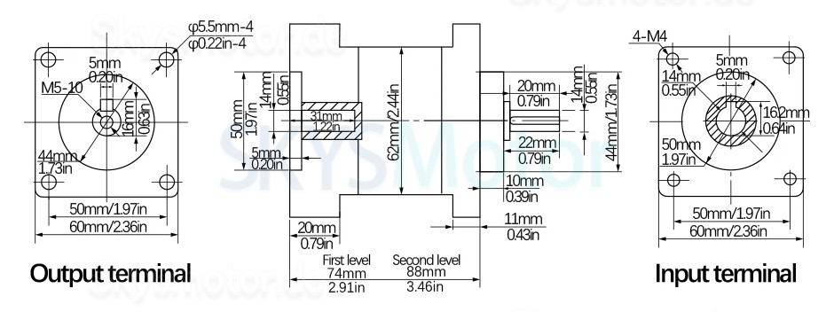 PX60 Serie Nema 24 Planetengetriebe Eingangswelle 14 mm, Ausgangswelle 14 mm