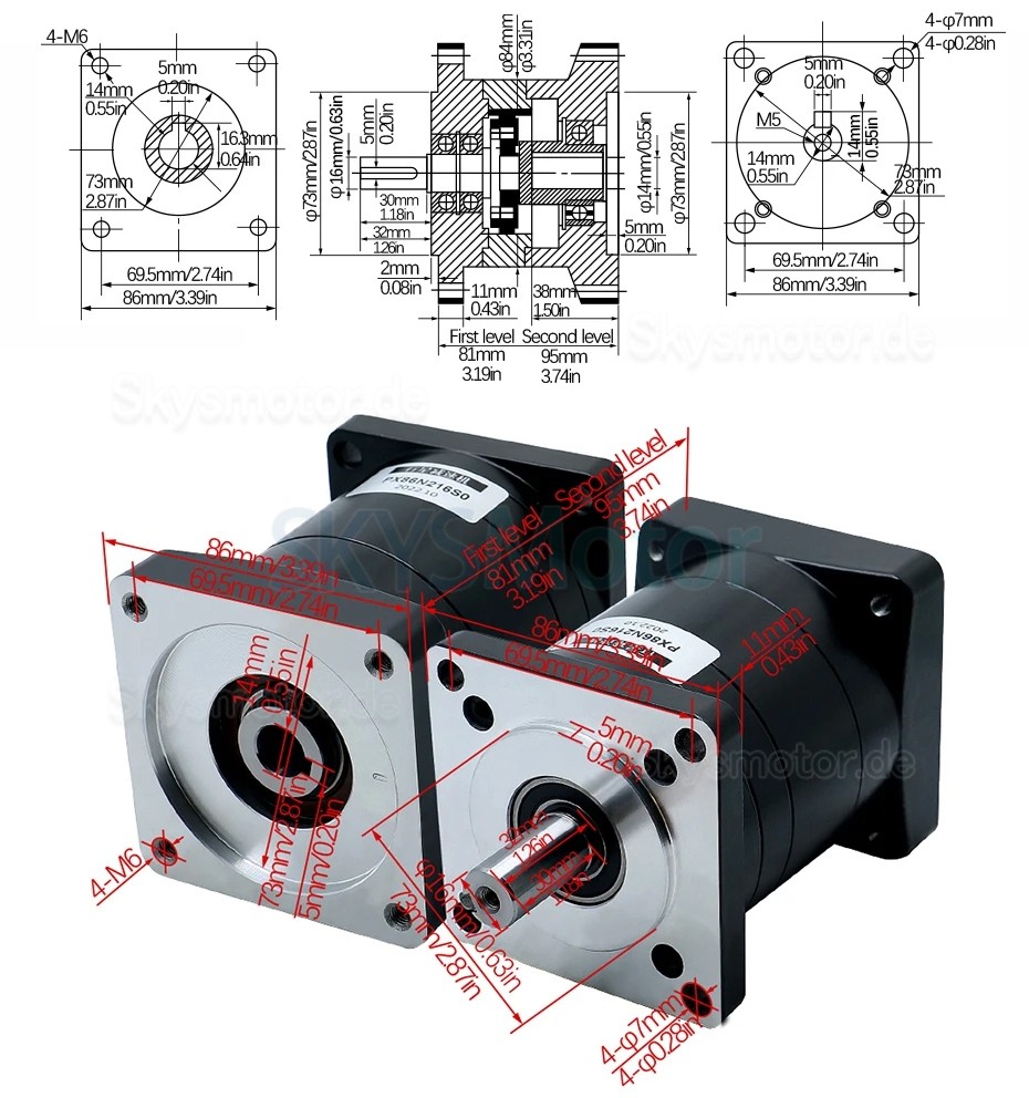 PX86 Serie Nema 34 Planetengetriebe Eingangswelle 14 mm, Ausgangswelle 16 mm