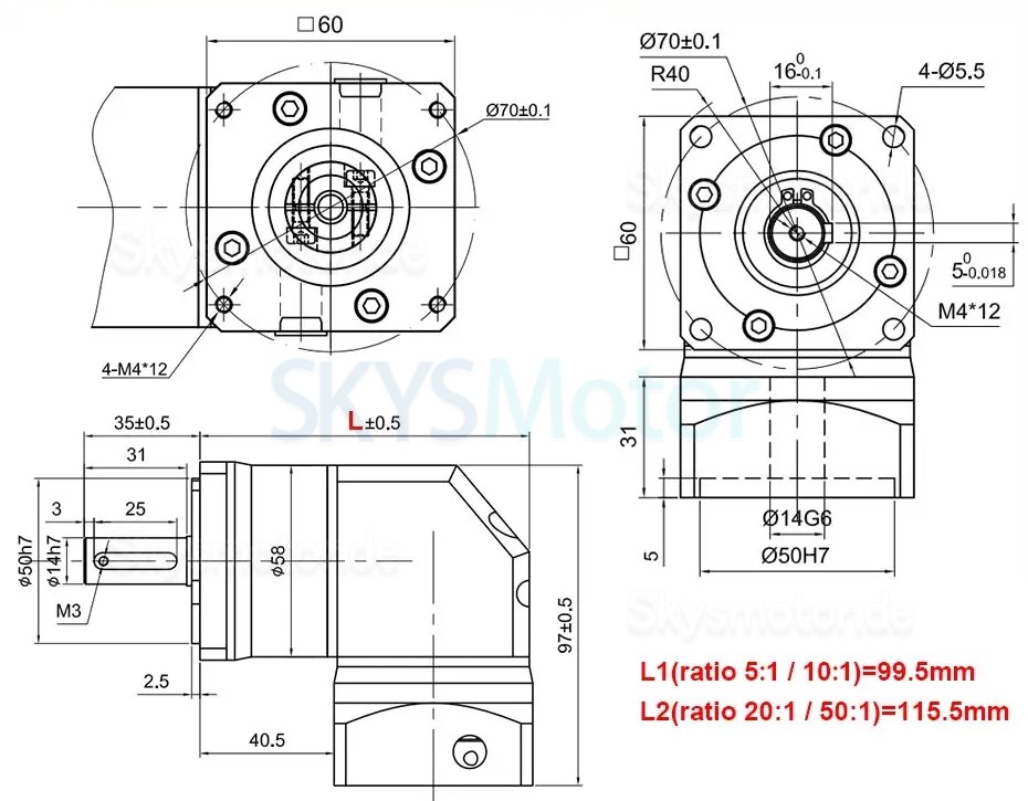 RTG60 Serie Nema 24 Winkelplanetengetriebe, Untersetzung 5:1/10:1/20:1/50:1 für 60mm Servomotoren