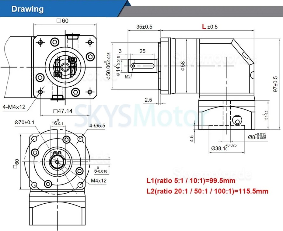 RYG23 Serie Nema 23 Winkelplanetengetriebe, Untersetzung 5:1/10:1/20:1/50:1 für Nema 23 Schrittmotor