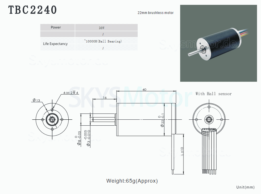 2 Stück Φ22mm 12/24V Bürstenloser Eisenlose Motoren TBC2240 0,15kg.cm 22W-29W Wellendurchmesser 3mm