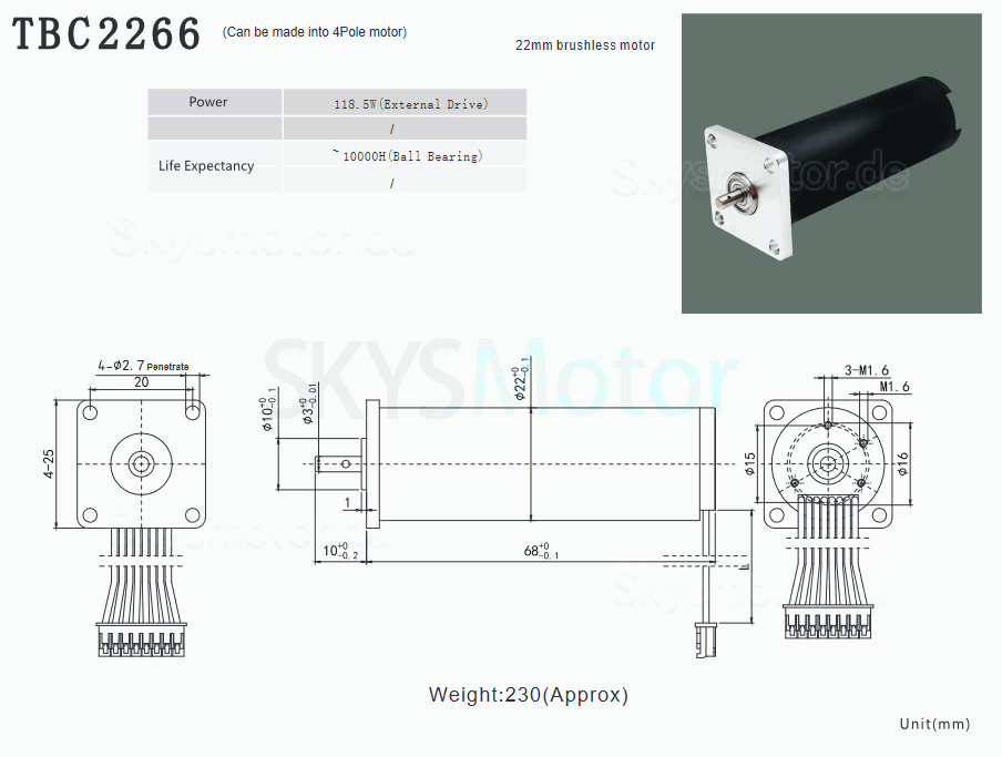 2 Stück Φ22mm 12/24V Bürstenloser Kernloser Motor TBC2266 0,8kg.cm 62,3W/118,5W Wellendurchmesser 3mm