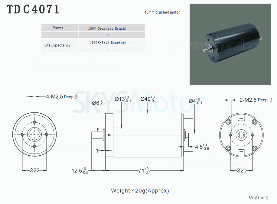 2 Stück Φ40mm 24V Doppelwellen Bürsten Eisenlose Motoren TDC4071 2000g.cm 7000U/min/1800U/min Wellendurchmesser 6mm/4mm