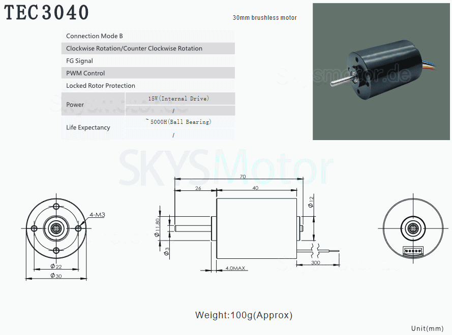 2 Stück Φ30mm 12V/24V Bürstenloser Gleichstrommotor BLDC Motor TEC3040 24,5mN.m 9W 3500U/min/3700U/min Schaft 3mm