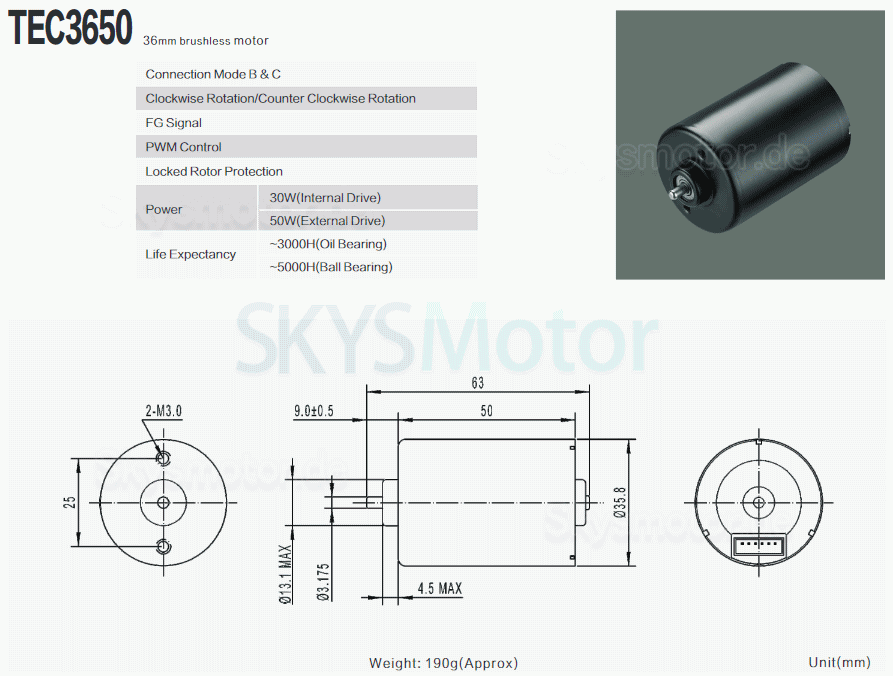 2 Stück Φ35,8mm 12V/24V Bürstenloser Gleichstrommotor TEC3650 20mN.m 5300U/min/3400U/min Schaft 3,175mm