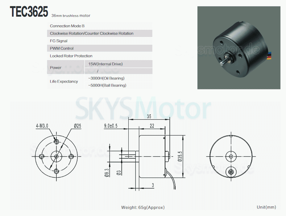 2 Stück Φ35.5mm 12V/24V Bürstenloser Gleichstrommotor TEC3625 54mN.m DC Motor 3600U/min Schaft 3mm