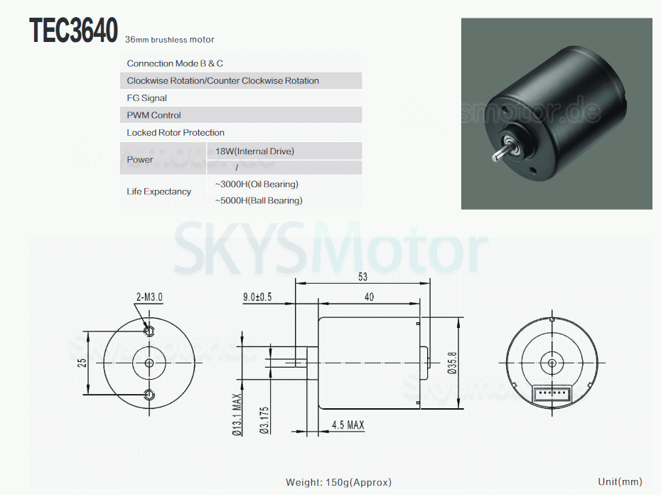 2 Stück Φ36mm 12V/24V Bürstenloser Gleichstrommotor TEC3640 54mN.m 5600U/min/3200U/min Schaft 3,175mm