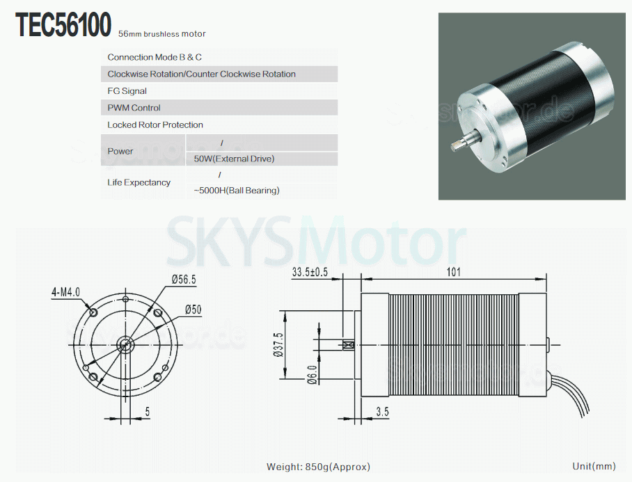2 Stück 12V/24V Bürstenlose DC Motors TEC56100 BLDC Motor 400g,cm 3050U/min 12,5W Schaft 8mm