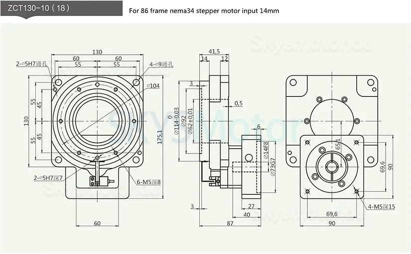 ZCT130-10/ZCT130-18 Hohlstellantrieb Rundschalttisch, Untersetzung 10:1 18:1 für 60 mm 400W AC Servomotor / 34 Nema Schrittmotor