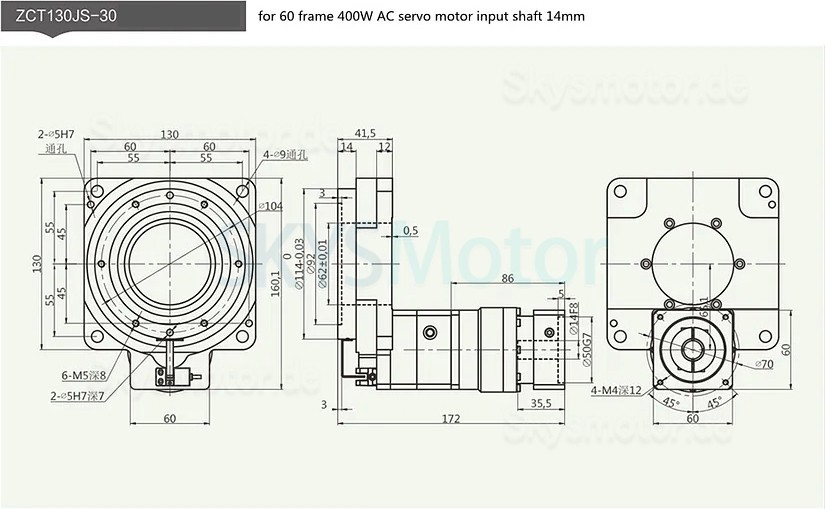 ZCT130-10/ZCT130-18 Hohlstellantrieb Rundschalttisch, Untersetzung 10:1 18:1 für 60 mm 400W AC Servomotor / 34 Nema Schrittmotor