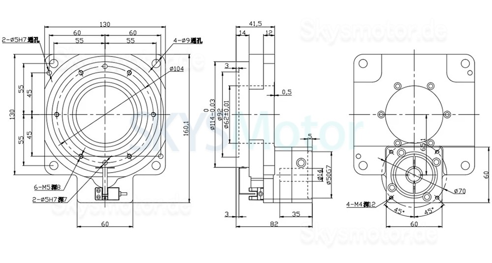 ZCT130-10/ZCT130-18 Hohlstellantrieb Rundschalttisch, Eingangswelle 14mm, Untersetzung 10:1 18:1 für 60 mm 400W AC Servomotor/Schrittmotor