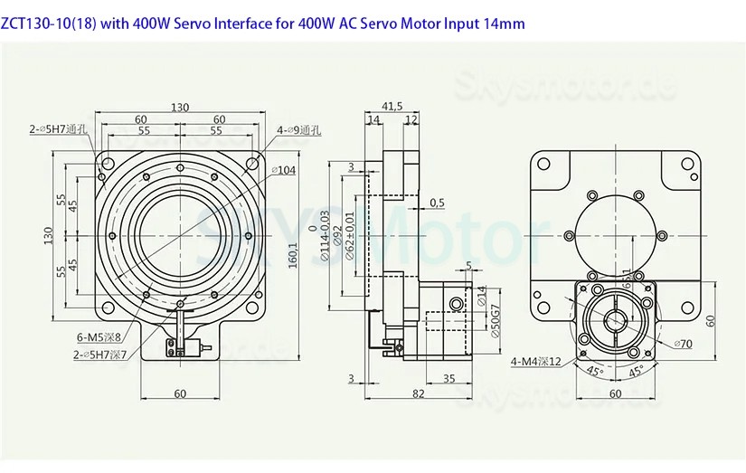 ZCT130-10/ZCT130-18 Hohlstellantrieb Rundschalttisch, Eingangswelle 14mm, Untersetzung 10:1 18:1 für 60 mm 400W AC Servomotor/Schrittmotor