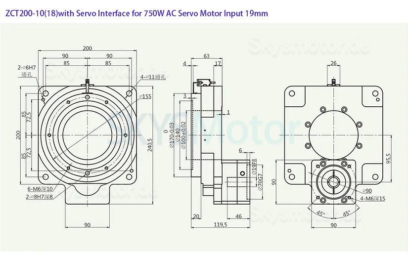 ZCT200-10/ZCT200-18 Hohlstellantrieb Rundschalttisch, Eingangswelle 19mm, Untersetzung 10:1 18:1 für 80 mm 750W AC Servomotor/Schrittmotor