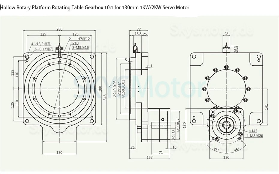 ZCT280-10 Hohlstellantrieb Rundschalttisch, Eingangswelle 22/24mm, Untersetzung 10:1 für 130mm 1/2 kW AC-Servomotor