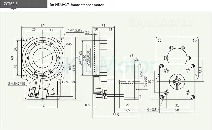 ZCT62-5/ZCT62-10 Rundschalttisch Elektrisch, Eingangswelle 5mm/8mm, Untersetzung 5:1 10:1 für 50 W/100 W AC-Servomotor / 42 Nema-Schrittmotor