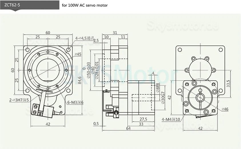 ZCT62-5/ZCT62-10 Rundschalttisch Elektrisch, Eingangswelle 5mm/8mm, Untersetzung 5:1 10:1 für 50 W/100 W AC-Servomotor / 42 Nema-Schrittmotor