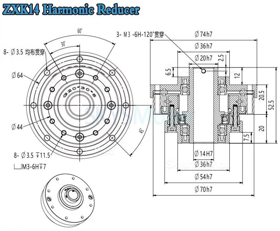 ZXK-Serie hohltyp spannungswellengetriebe, übersetzungsverhältnis 30:1/50:1/80:1/100:1/120:1/160:1, 30 bogensekunden ZXK-Serie hohltyp spannungswellengetriebe, übersetzungsverhältnis 30:1/50:1/80:1/100:1/120:1/160:1, 30 bogensekunden