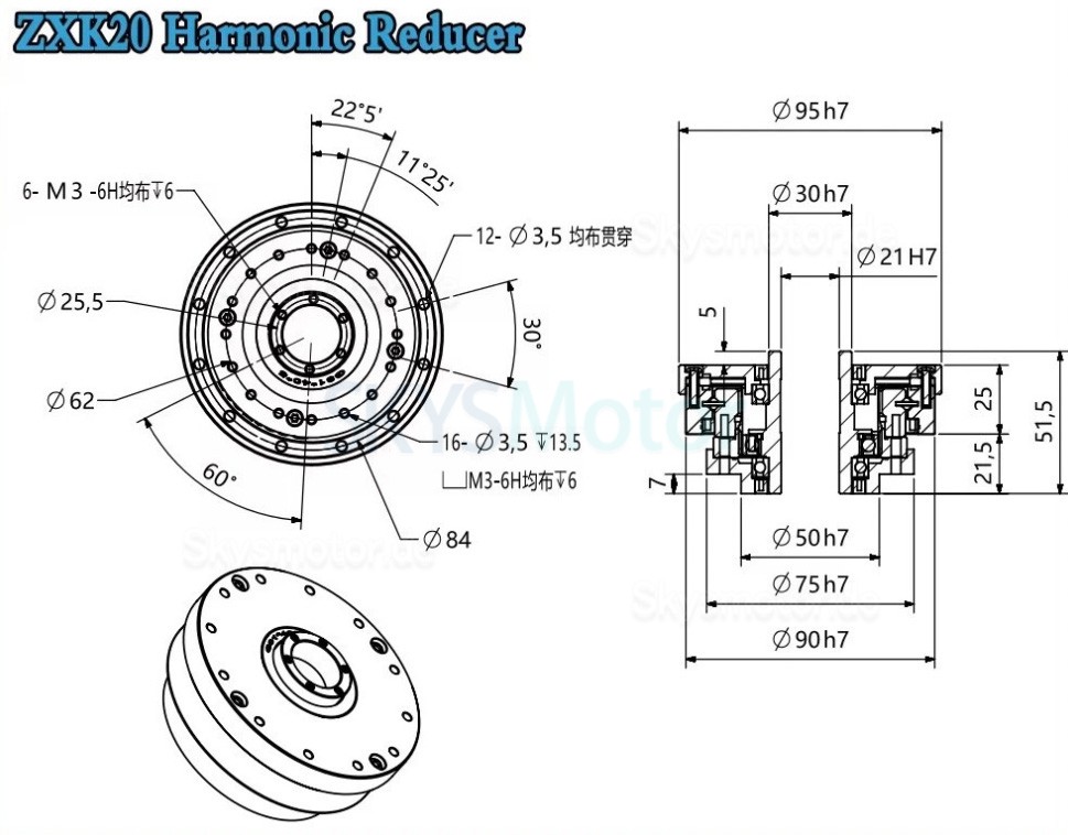 ZXK-Serie hohltyp spannungswellengetriebe, übersetzungsverhältnis 30:1/50:1/80:1/100:1/120:1/160:1, 30 bogensekunden ZXK-Serie hohltyp spannungswellengetriebe, übersetzungsverhältnis 30:1/50:1/80:1/100:1/120:1/160:1, 30 bogensekunden
