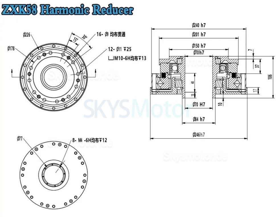 ZXK-Serie hohltyp spannungswellengetriebe, übersetzungsverhältnis 30:1/50:1/80:1/100:1/120:1/160:1, 30 bogensekunden ZXK-Serie hohltyp spannungswellengetriebe, übersetzungsverhältnis 30:1/50:1/80:1/100:1/120:1/160:1, 30 bogensekunden