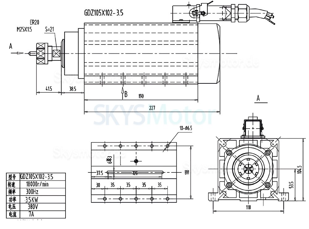 3,5kW 220V/380V luftgek&uuml;hlter Spindelmotor Satz GDZ105X102-3.5 + H100-3.7S2/T4 mit Spindelantrieben (Frequenzumrichter) und 13 ER20-Spannzangen